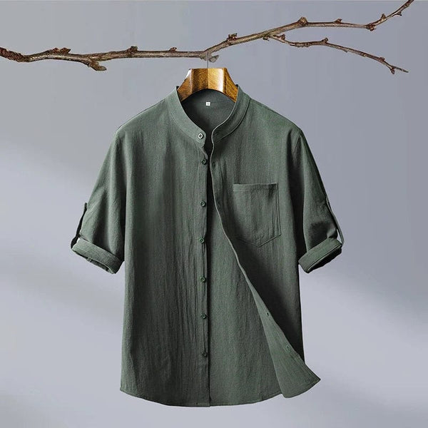 New Fashion Cotton Linen Crepe Pure Color Business with Outdoor Travel Trend Slim-fit Men's Mid-sleeve Shirt Casual with Shirt