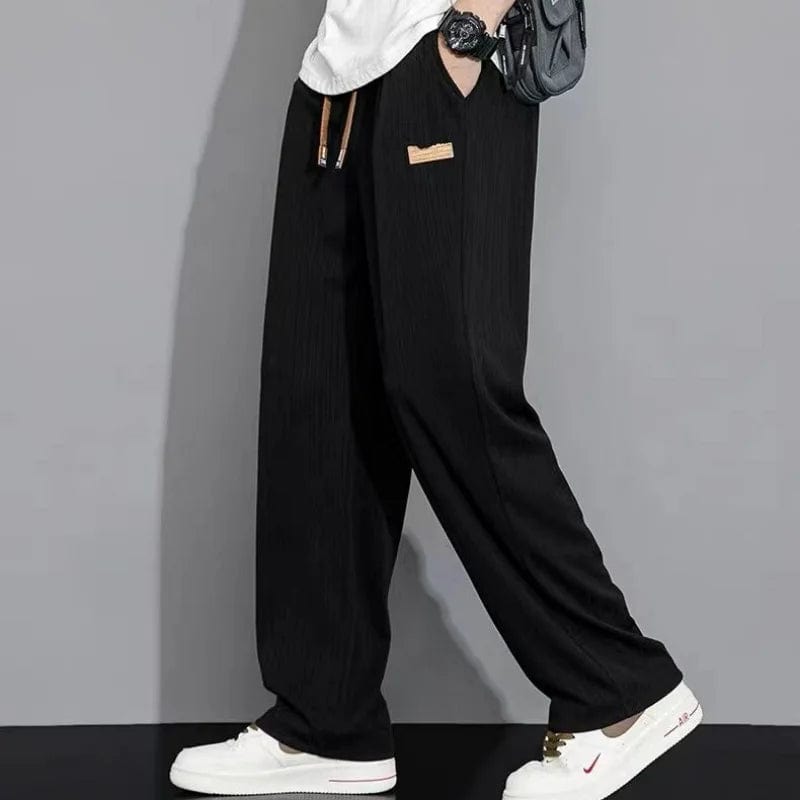 Summer Thin Trendy Loose Versatile Straight Pants Men's Solid Patchwork Elastic Waist Drawstring Pocket Casual Wide Leg Trousers