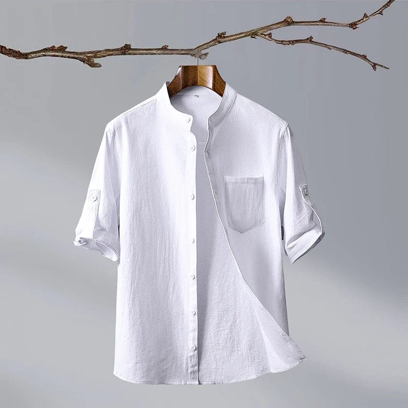 New Fashion Cotton Linen Crepe Pure Color Business with Outdoor Travel Trend Slim-fit Men's Mid-sleeve Shirt Casual with Shirt