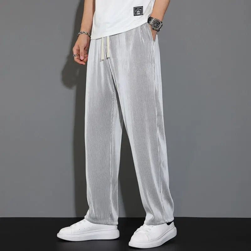 Summer New Sagging Ice Silk Loose Wide Leg Pants Men's Solid Thin Elastic Waist Drawstring Straight Quick Drying Casual Trousers