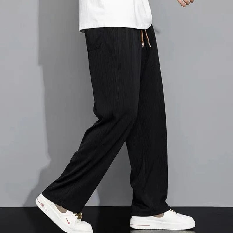 Summer Thin Trendy Loose Versatile Straight Pants Men's Solid Patchwork Elastic Waist Drawstring Pocket Casual Wide Leg Trousers